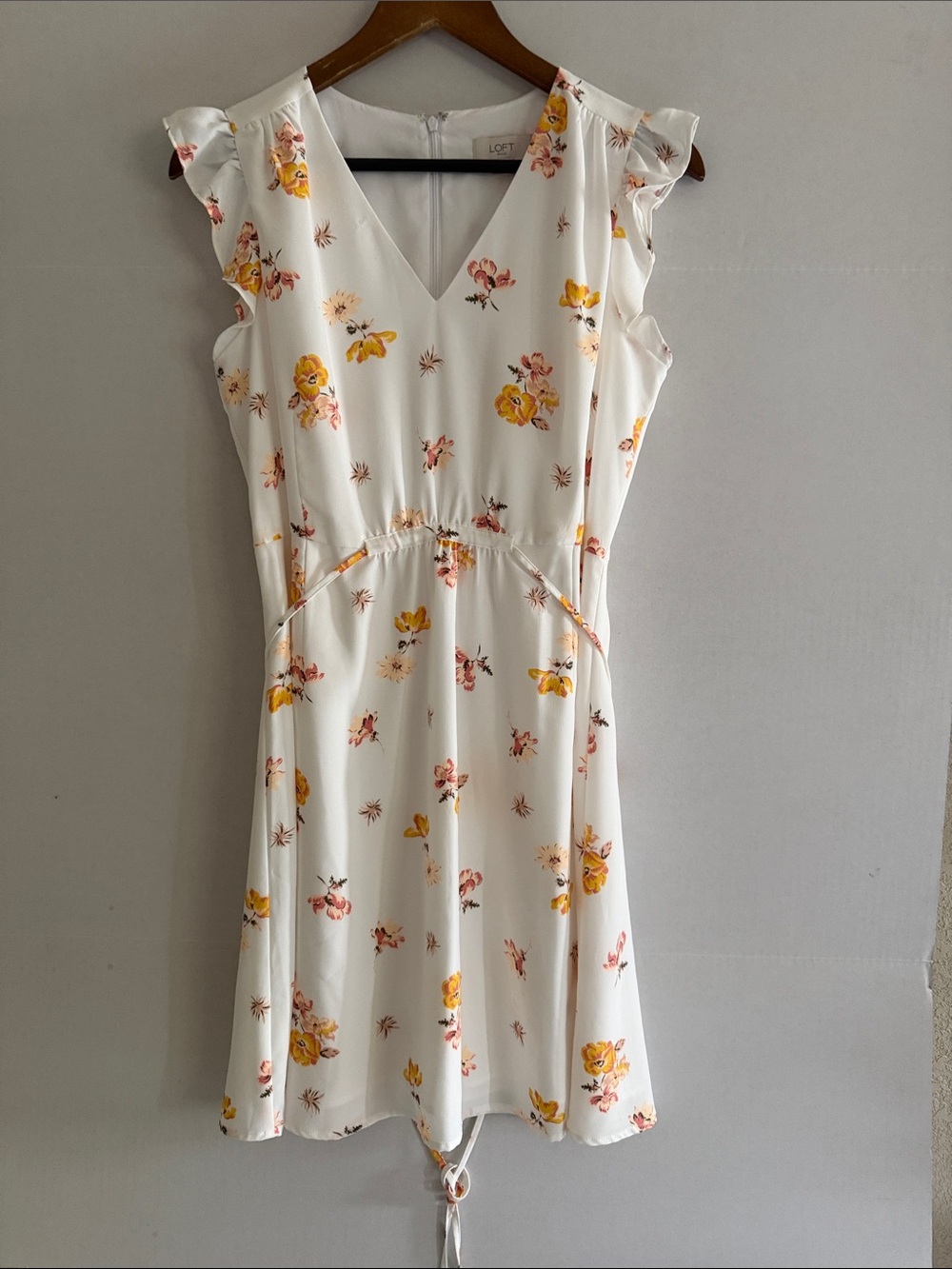 LOFT White Floral V-Neck Ruffle Sleeve Mini Dress